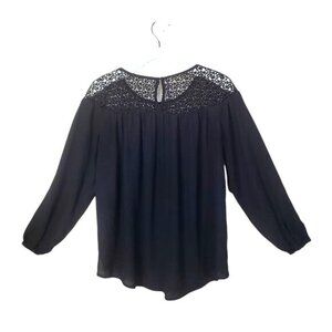 LOFT Womens Blouse SP Top Black Lace Embroidered Sheer Oversized‎ Pleated Witch